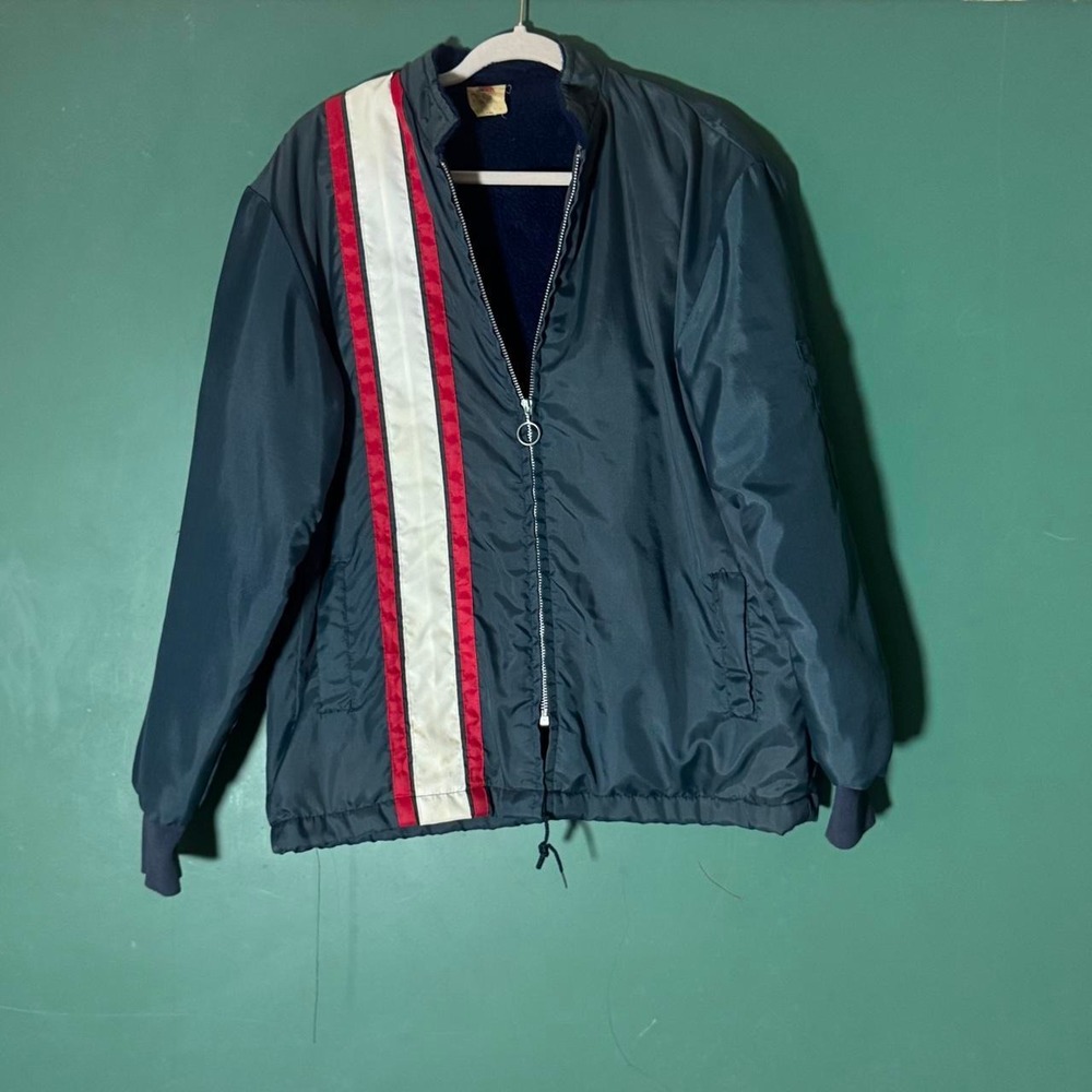 Vintage 70s Great Lakes Jacket Mens Navy Blue Racing Stripe Windbreaker Medium